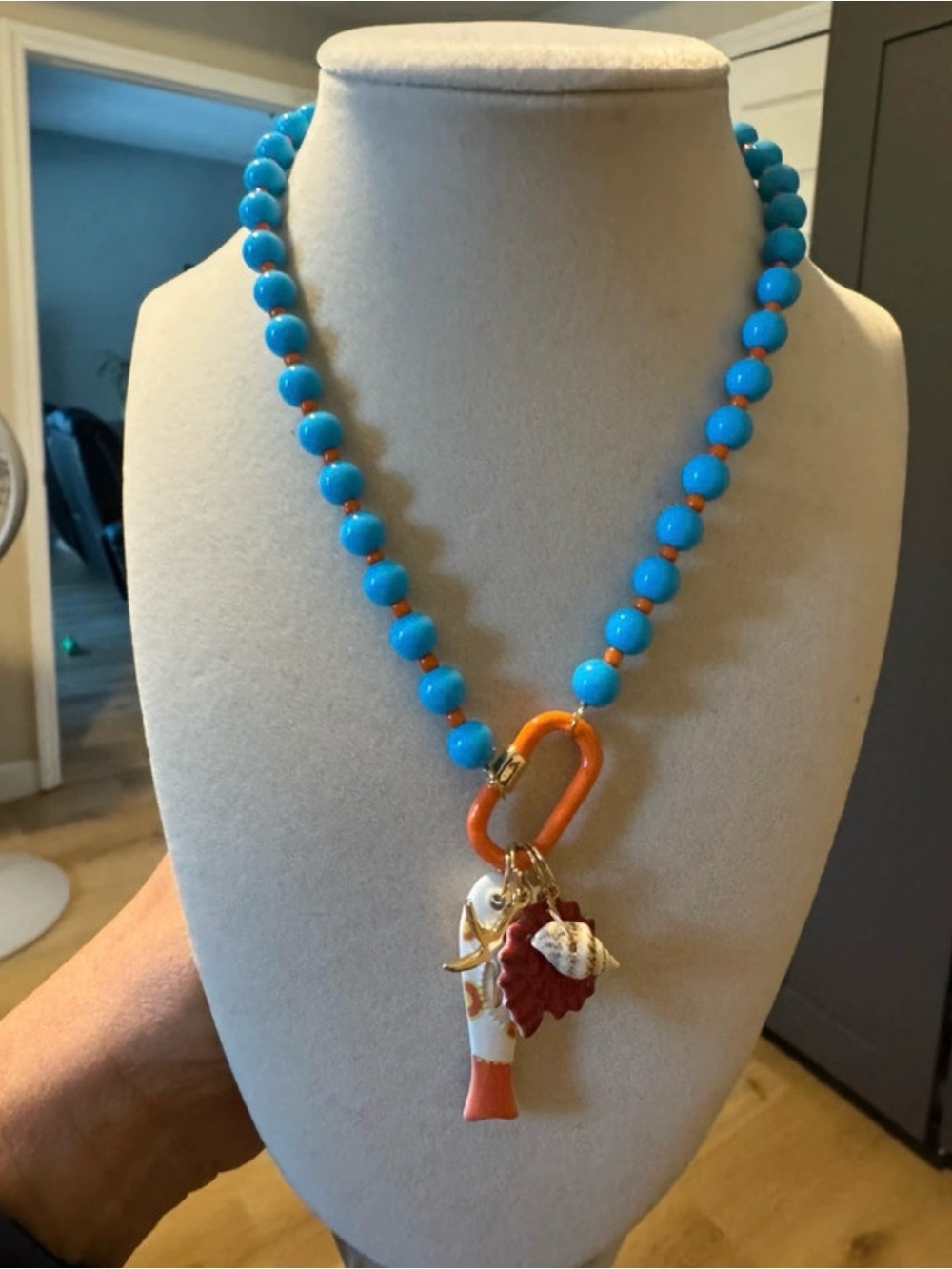 Bright Turquoise Beaded Necklace with Orange Charm Pendant